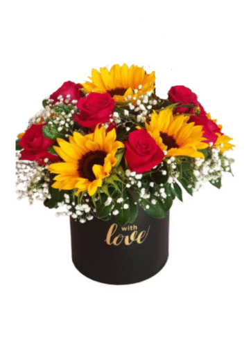 Box Negro con Girasoles y Rosas Rojas