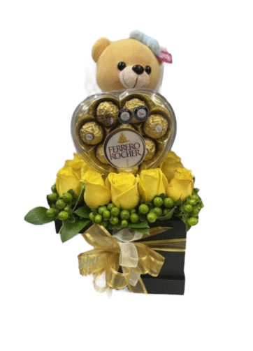 Caja con Rosas, Chocolates y Peluche