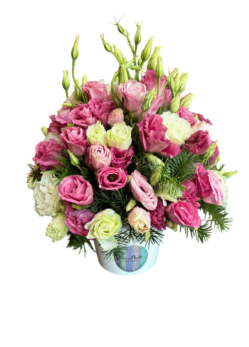 Box con lisianthus rosados y blanco