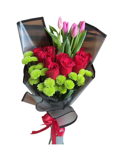 Ramo premium de rosas rojas y tulipanes rosados