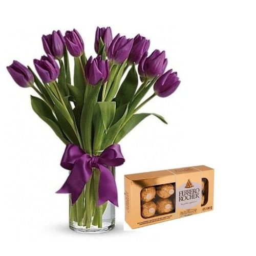 Florero con 10 Tulipanes y Bombones Ferrero Rocher